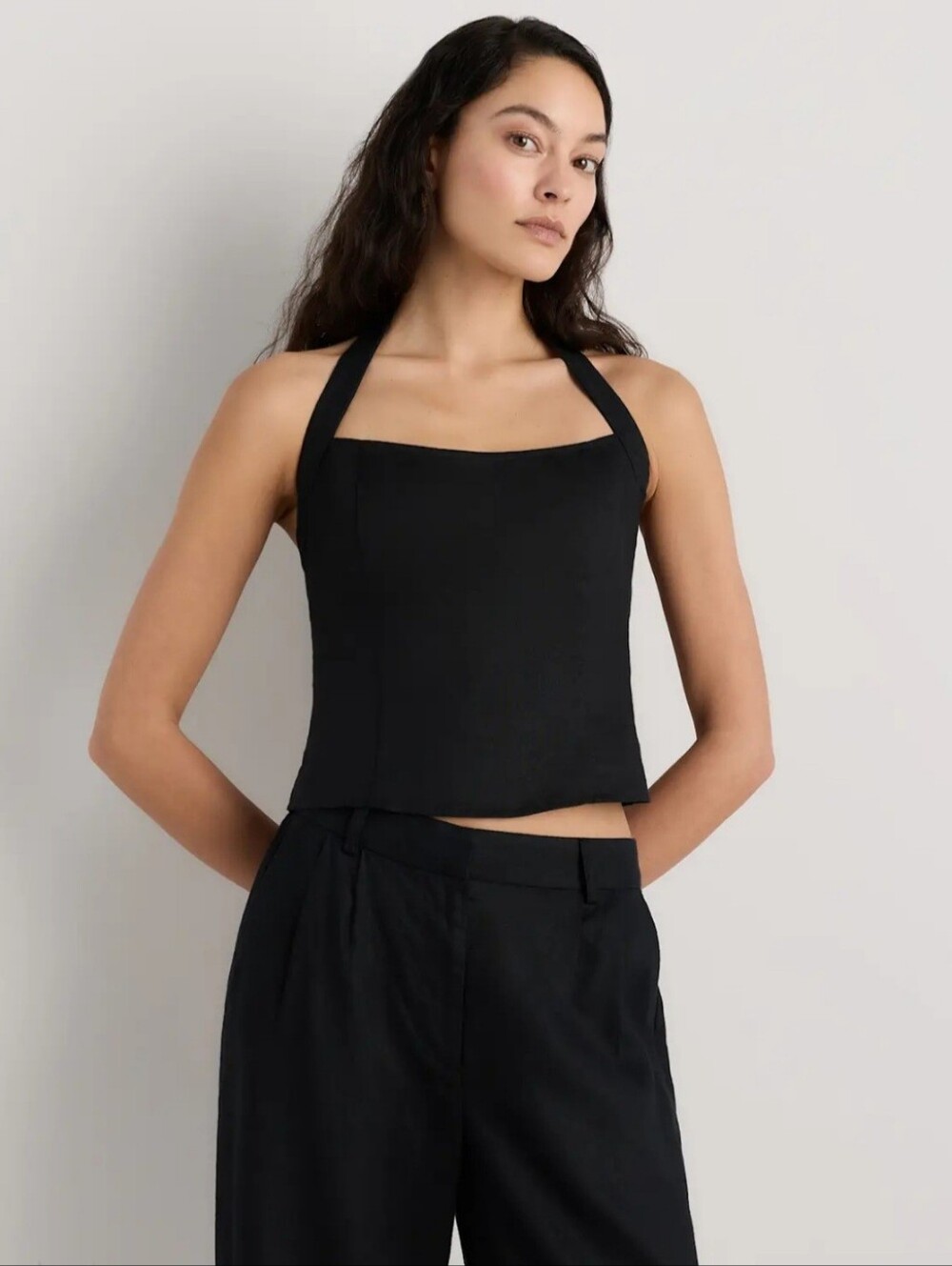 Quince Women's 100% European Linen Halter Top, Black